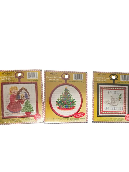 Counted Cross Stitch Holiday Kit Set - Red and Green Designs Pkg Of 3 - Picture 1 of 4